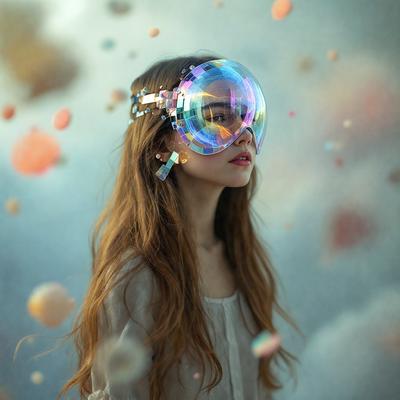 The primary subject of the image is a woman wearing a pair of goggles. She is standing in front of a backdrop of colorful bubbles, which creates a vibrant and lively atmosphere. The visual style of the image is a combination of photo and digital art, as it appears to be a photo of a digital art piece. The colors and mood of the image are predominantly bright and cheerful, with the woman's goggles adding a playful and fun element to the scene